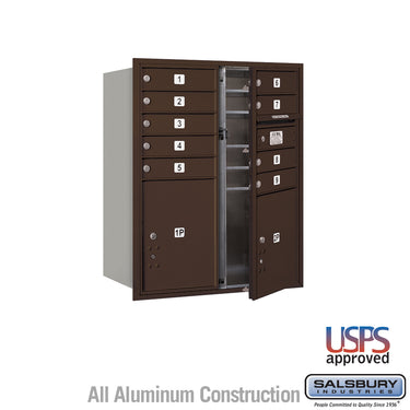 10 Door High Recessed Mounted 4C Horizontal Mailbox with 9 Doors and 2 Parcel Lockers in Bronze with USPS Access - Front Loading